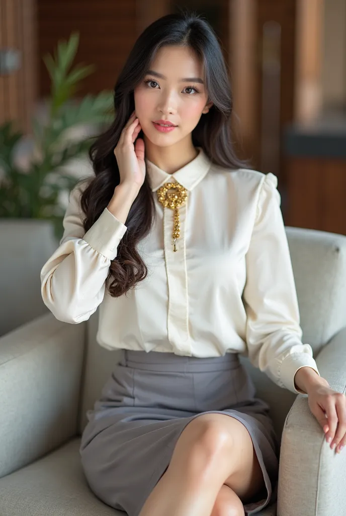 a young woman seated on a light-colored chair in an indoor setting, likely an office or lounge. She has long, dark hair styled neatly, and her expression is poised and confident. She is dressed in a professional yet stylish outfit, consisting of a white bl...