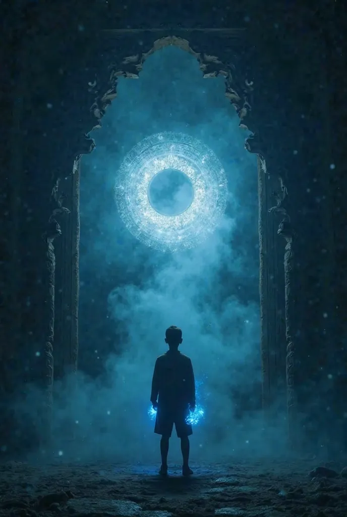 Create an image in which a circular light is shining in the middle of a temple at night and is surrounded by black smoke. A 19-year-old boy is standing there holding a blue-coloured glowing crystal in his hand.