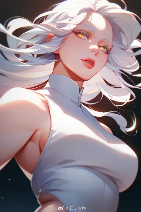 high quality, 8K Ultra HD, A woman with a long wavy silver white hair, golden eyes, plump lips, sexy body, smooth skin, small waist, long eyelashes, beautiful face, fair skin tone, thin almond eyes, wearing a white dress