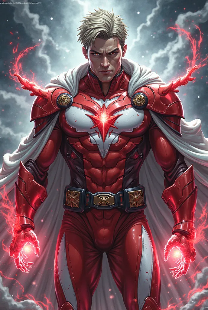 A vigilante male hero, wearing a cool red white coutumed armour, anime figure, generating cosmic energy from his habds, handsome  angry face, looking straight to the viewer, high resolution, detailed picture, full view, blood on his face, background cosmic...