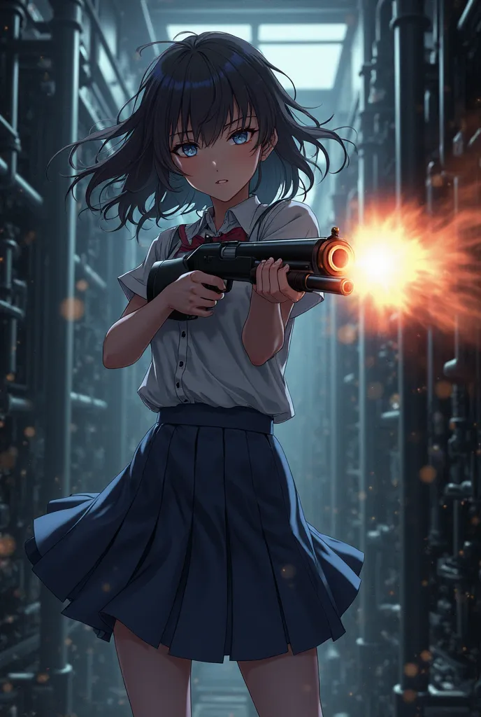 An anime-style female student who fires a shotgun with a muzzle on her head