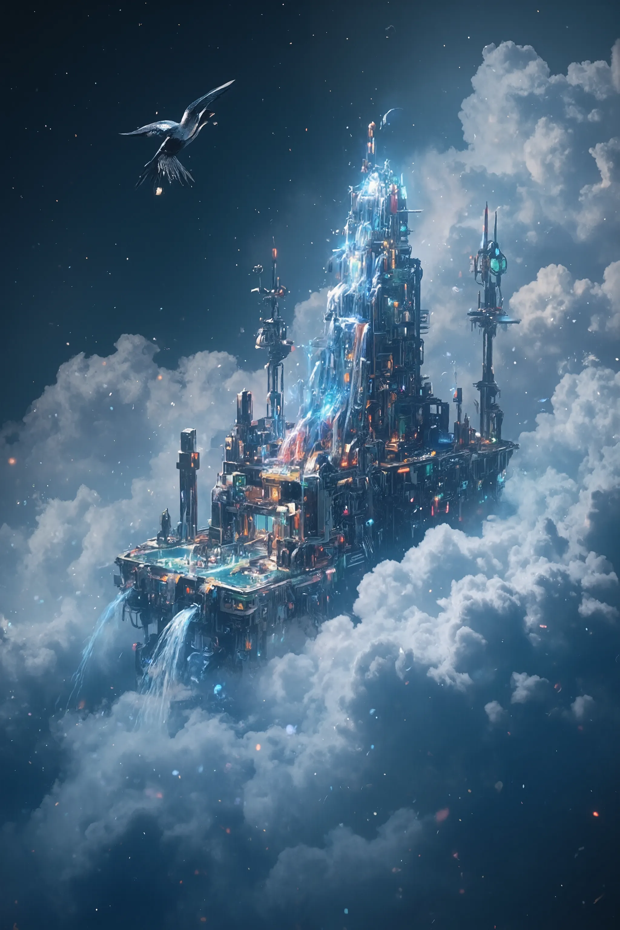 hidden that only birds know( Aerial Cities)、futuristic floating city,It consists of very complex parts、Water is pouring violently out of the city、Super Detail、 metallic texture 、light reflection、Covered in colorful fog、The little bird is circling gracefull...