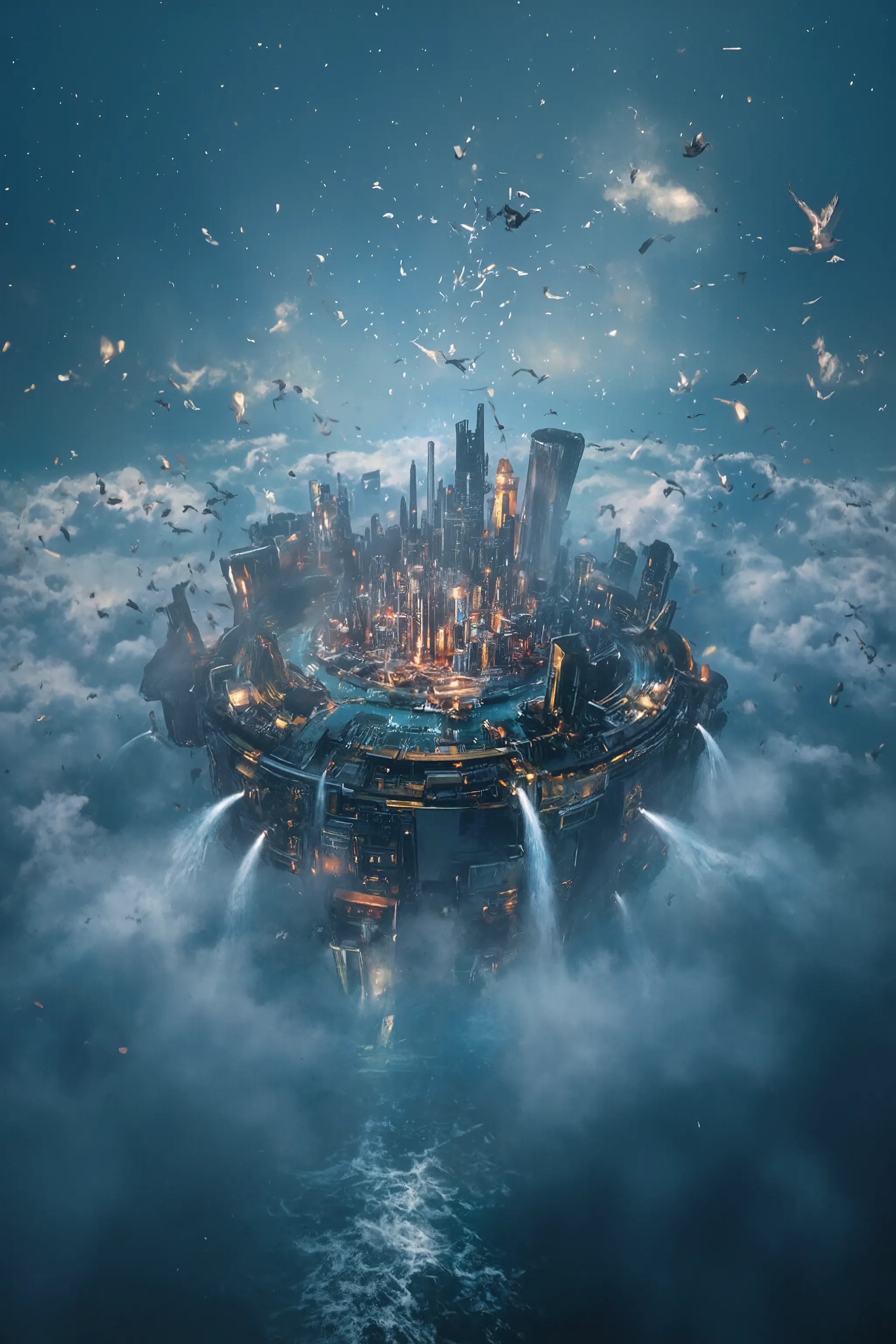 hidden that only birds know( Aerial Cities)、futuristic floating city,It consists of very complex parts、Water is pouring violently out of the city、Super Detail、 metallic texture 、light reflection、Covered in colorful fog、The little bird is circling gracefull...