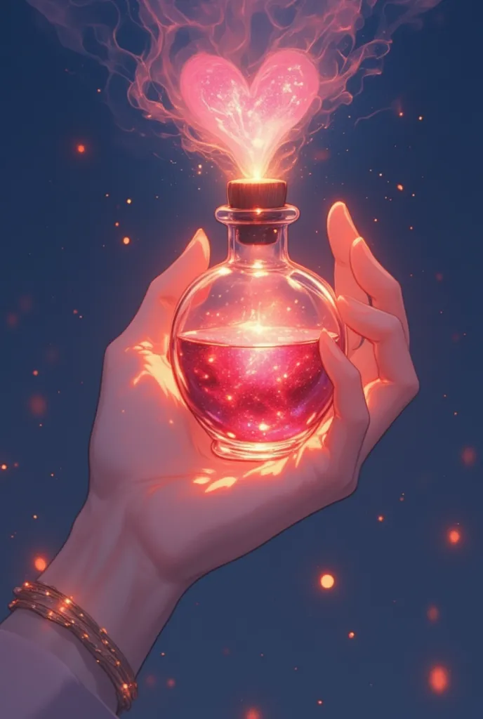 The delicate hand holds a small glass bottle filled with a red liquid, shiny like wine under starlight. The dark wooden cover seals the magical content, while fine pink smoke rises, forming a heart that floats in the air. The warm glow of the liquid reflec...