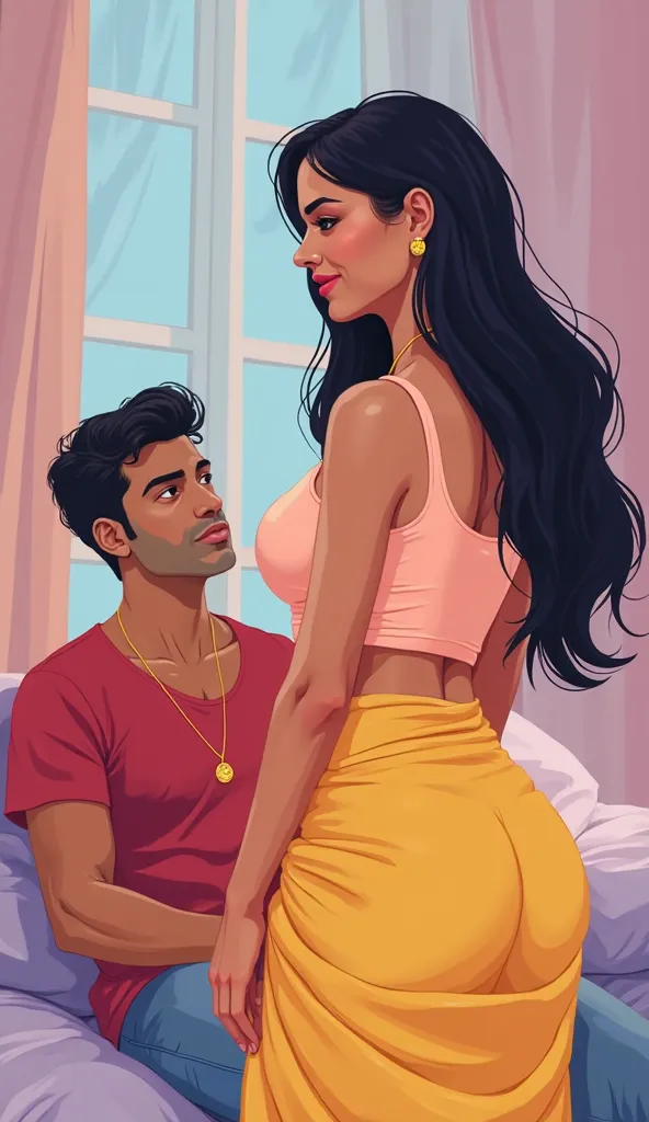 A woman and a man, depicted in a stylized, cartoonish illustration. The woman, appearing to be of South Asian descent and in her twenties, is positioned slightly right of center. She has long, dark hair, and a light peachy-pink, form-fitting crop top and a...