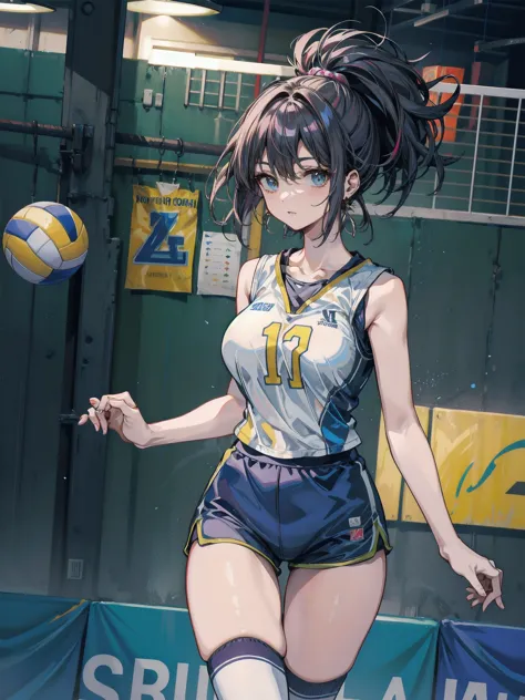 earring, big breasts, narrow waist, short hair, wavy hair, hair behind ear, half updo, black hair, looking at viewer, volleyball uniform, shorts, indoor,