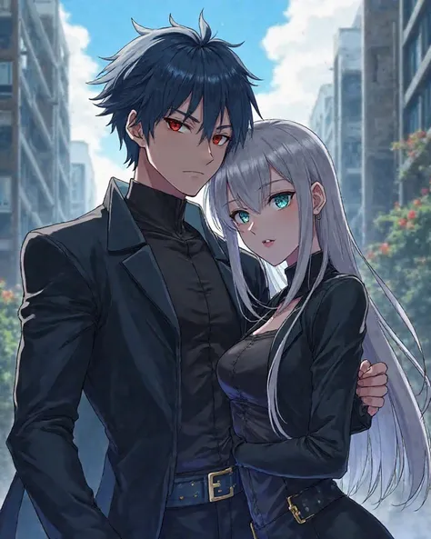 A shounen dark style picture of a 20-year-old boy and girl in a modern city today.

 Boy: with bluish-black hair, piercing red eyes and a muscular body, and a dark-colored tight suit.  A long coat that gives him an attractive and durable look.

 Girl: With...