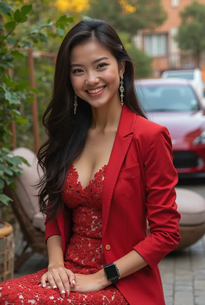 
Prompt:
"A stunning young woman with long, flowing dark hair and a radiant smile, posing elegantly in an outdoor setting with lush green foliage and a stylish background featuring modern cars and a cozy seating area. She is dressed in a sophisticated red ...