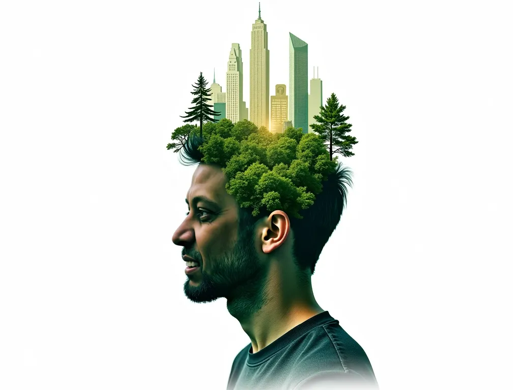 Theme and Concept: A promotional image  for a symposium combining themes of nature, sustainability, and urban development.
Main Visual: A center  profile of a man's face blended seamlessly with elements of a green forest and modern skyscrapers. Trees and g...