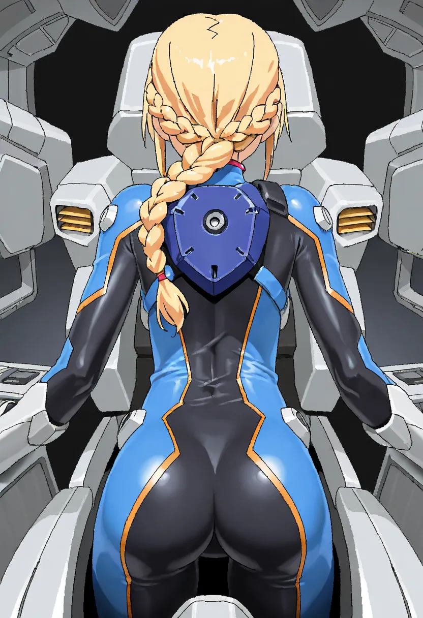 1girl, solo, blonde hair, braid, from behind, bodysuit, mecha, oekaki, pilot suit, cockpit