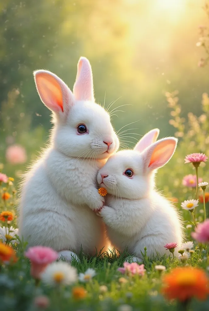 The white little rabbit and his mother are sitting in a lush place, surrounded by colorful flowers and greenery. The soft light of the sun is falling on them, and both are living peacefully and happily.
