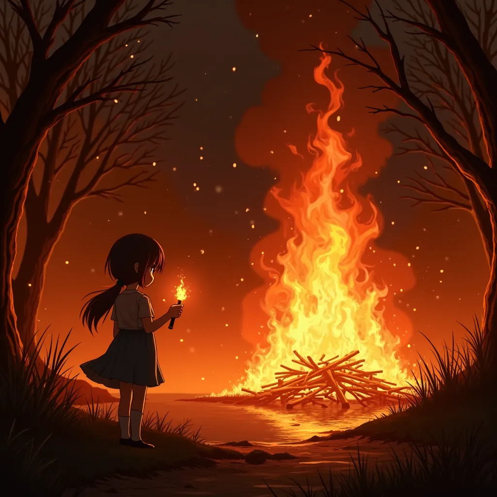 Anime photos especially focus on the scenery and do not kill the characters too much:A  girl, Staring at the scene with a torch in her hand.

The fierce fire engulfs everything but the sound of burning wood splitting.

is on fire, burned out.

This demon c...