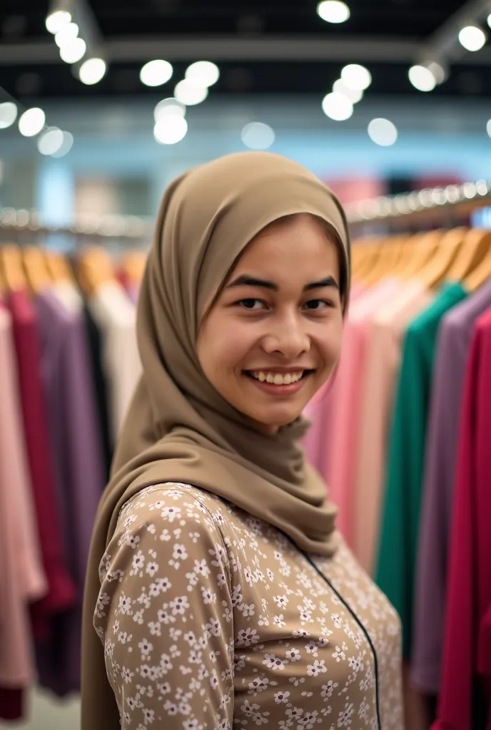 A woman wearing a light brown hijab and a beige floral patterned top stands in a clothing store.  The setting is a brightly lit, modern retail space with wooden display racks filled with various colored garments, mostly in pinks, purples, and greens.  The ...