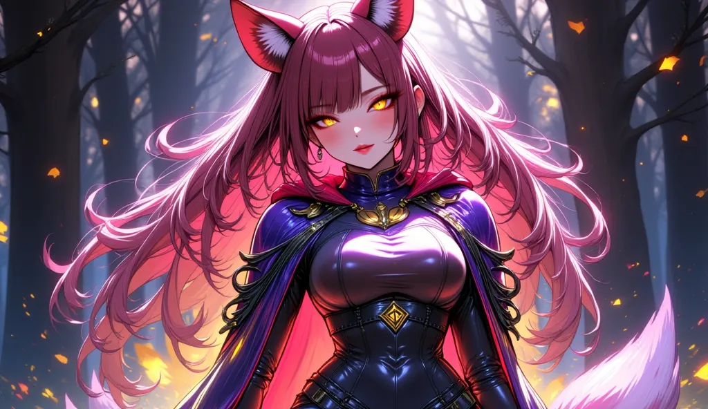 Sly female fox, her fiery red coat glitters in the soft light of the magic forest. Her big pointed ears twitch, when she listens to the whisper of the wind, and her golden eyes shine with crafty mind. She wears a robber costume — leather armor and a flutte...