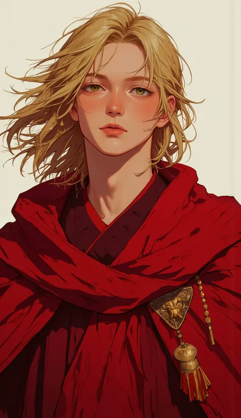 Beautiful blond-haired, green-eyed Lannister boy with a striking jaw dressed in crimson robes
