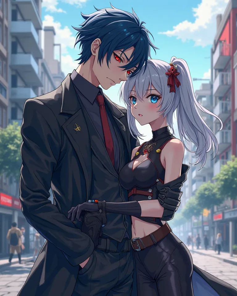 A photo in a dark fusion of anime and realistic style of a 20-year-old boy and girl in today's modern city.

   Boy: with bluish-black hair, piercing red eyes, and a muscular body and a tight dark suit.    A long coat that gives him an attractive and durab...