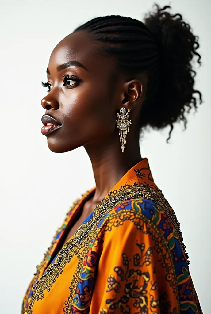 African woman dressed in modern African outfit close up profile on white background