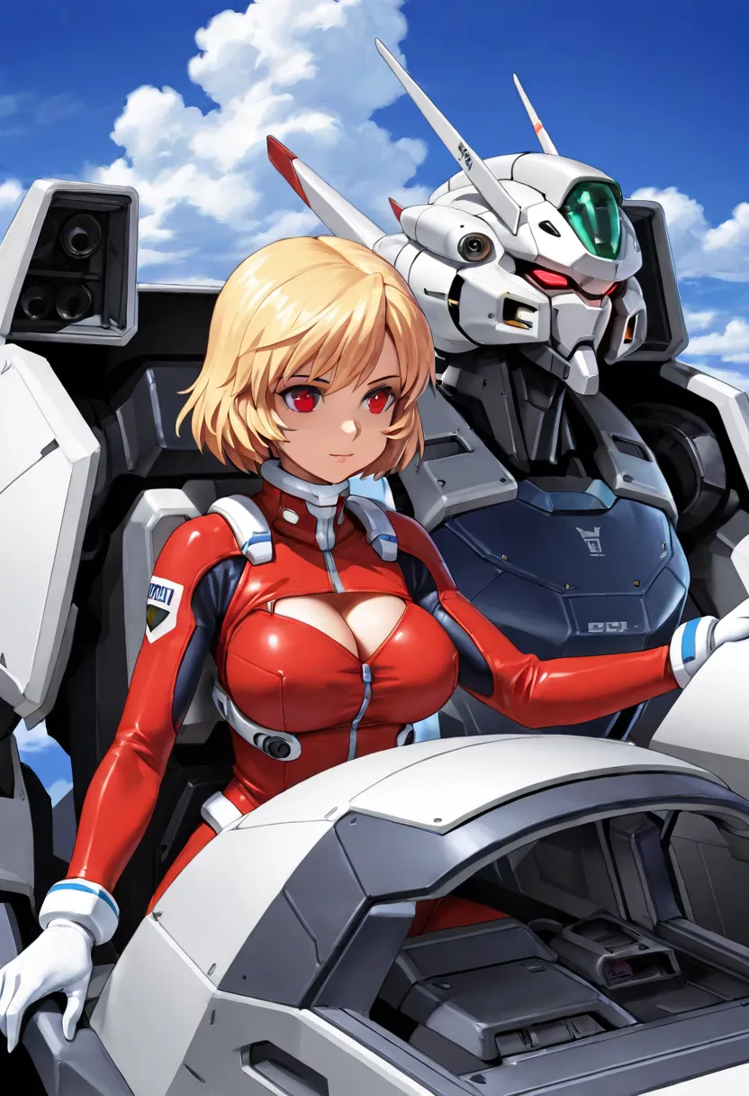 1girl, solo, short hair, large breasts, blonde hair, gloves, red eyes, sky, cloud, clothing cutout, cleavage cutout, robot, mecha, science fiction, pilot suit, cockpit