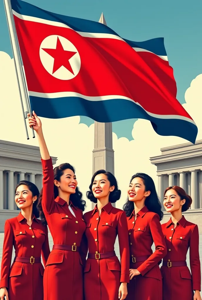 Create a propaganda poster showing the celebration of women's day in North Korea, Let them hold the North Korean flag and be happy 