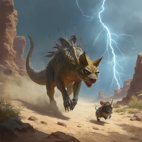 a dinocat CHASING A DINOMOUSE in a rugged rocky desert A THUNDERSTORM WITH LIGHTNING IS IN THE BACKGROUND