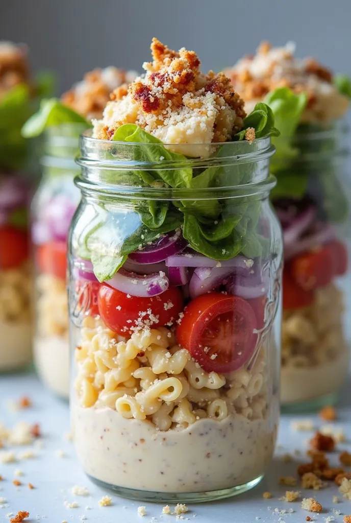 For Layering in the Mason Jars:

Bottom Layer (Caesar Dressing - Creamy &amp; Tangy):

Divide the Caesar dressing evenly among the jars (about 1 tbsp per jar).

Second Layer (Pasta - Hearty &amp; Filling):

Add 50g cooked pasta per jar.

Third Layer (Grill...