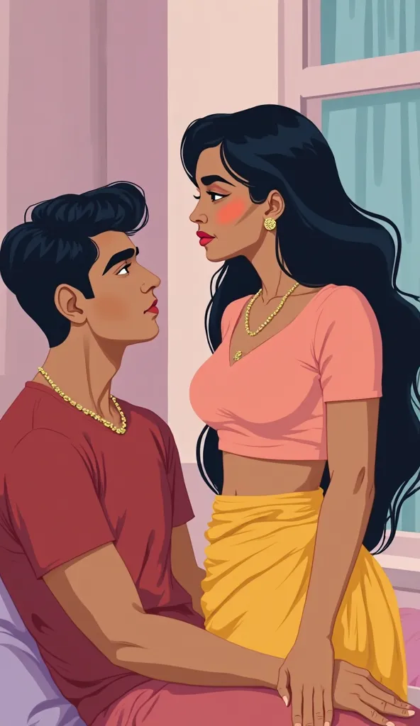 A woman and a man, depicted in a stylized, cartoonish illustration. The woman, appearing to be of South Asian descent and in her twenties, is positioned slightly right of center. She has long, dark hair, and a light peachy-pink, form-fitting crop top and a...