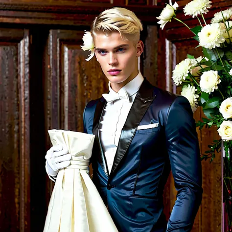 Interior hosts masculine, starboy, (((tiny waist))), muscular 20-year-old, short platinum blonde, intense blue eyes, black leather tight fitting tailcoat, satin lapels, white dress shirt, subtle vertical pleats, high collar, black leather gloves, hands beh...