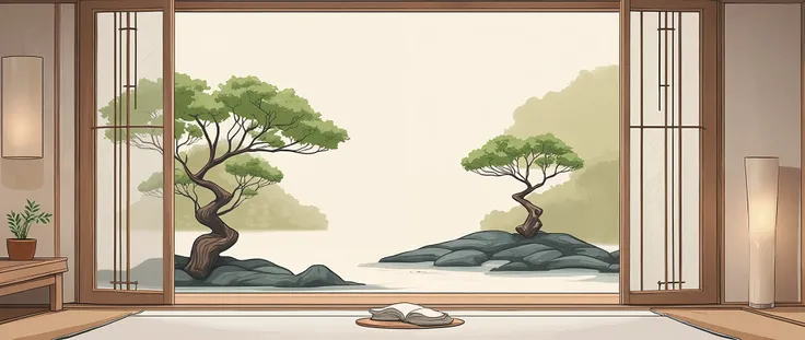 illustration in soft colors predominating , minimalism of a Japanese style living room with window to see the minimalist Japanese garden with bonsai trees, the stage evokes energy and elegance