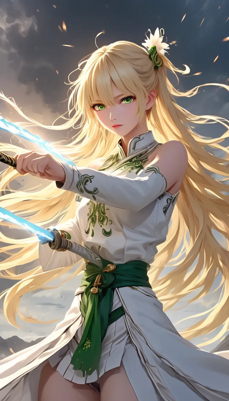 1girl (Artoria Pendragon, Fate series), fierce expression, facing right, gripping a glowing noodle sword, battle stance, dynamic pose, long blonde hair flowing in the wind, white battle dress with golden embroidery, mie ayam pattern on the fabric (steaming...