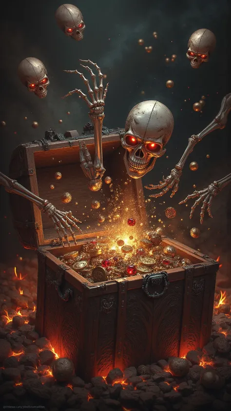 「A skeleton with red eyes reaches out to the area around、Gold coins and red jewels overflowing from an open treasure chest。Skulls with red eyes and skeletal hands float along with flames in the surrounding area、 expressing disturbing obsessions 。with high ...