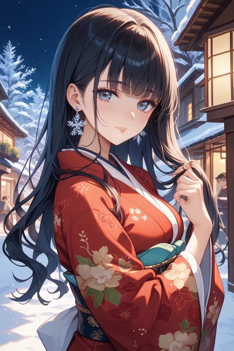  kimono　woman　 black hair　 long hair 　night　winter　sad expression　the color of the clothes is red kimono　The color of the eyeballs is black　 kimonoの柄は派手　 cut all the bangs　mole under lip　Eye color is black　Face facing sideways　 the background is dark 　wint...