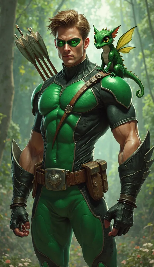 The Green Shooter is an athletic superhero with short brown hair and piercing bright green eyes, dressed in a tight green suit with black elements. A massive quiver of arrows, and his hands are protected by leather gloves. The equipment includes a set for ...