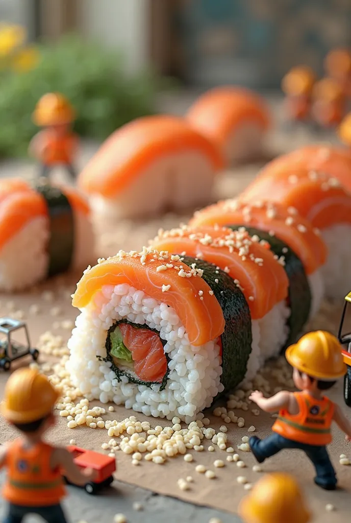 A whimsical and playful scene featuring tiny construction workers in orange safety vests and helmets working on giant sushi rolls. The workers move around energetically, rolling sushi, sprinkling rice, and using small cranes to lift salmon nigiri. One work...