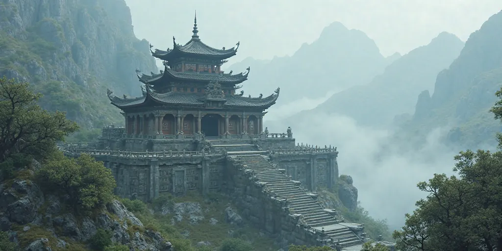 A temple nestled in the mountains with mist and ancient architecture.