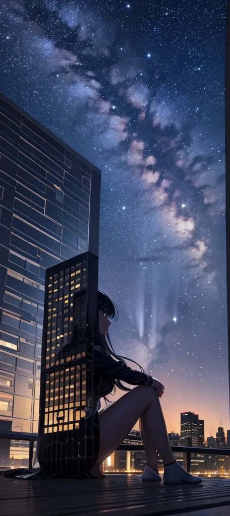 octans, null, star (null),  Scenery, starry null,  night , 1 girl,  night  null, Alone, outdoor, building, cloud,  Milky Way, sitting, tree, long hair, city,  silhouette , cityscape --auto --s2