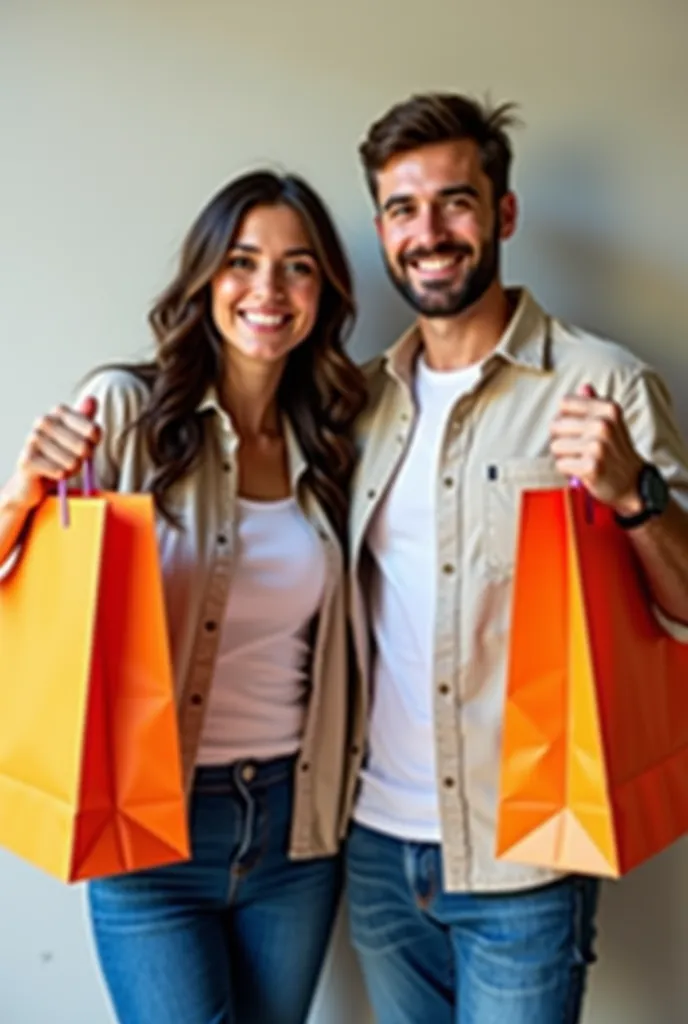 Make a video of a young adult couple, they are standing together, smiling and looking happy. They are holding orange shopping bags. They are wearing casual clothing: light-colored shirts and jeans. The subjects are positioned in a slightly staggered line, ...