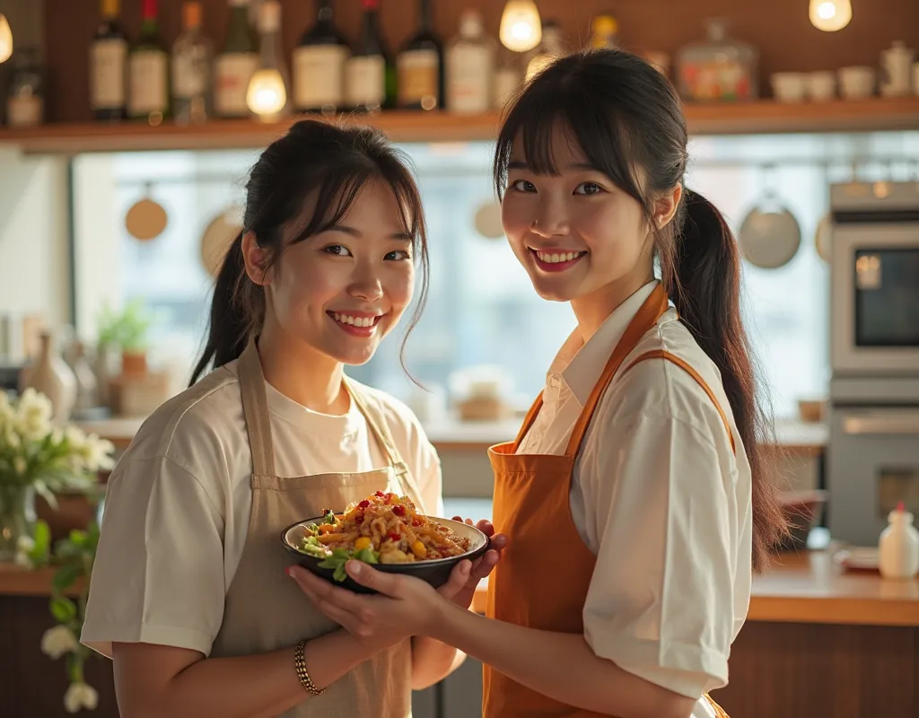 in the restaurant scene where 2 young Japanese housewives work、Always look like a realistic photo。Very bright and full of hope for the future。With a picture of a living person。