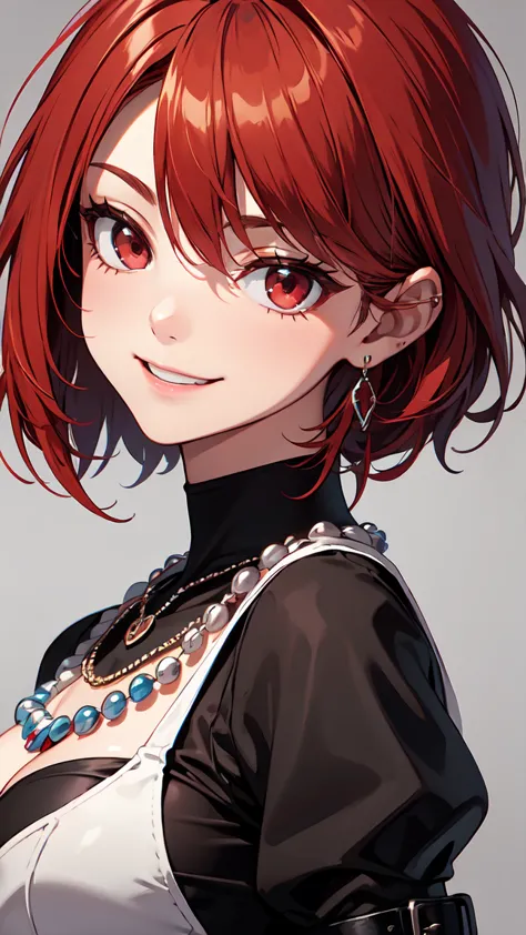  Red Hair Long 、red eyes、Punk style riders、Tiny Swinging Earrings、beaded necklace smile、Look straight ahead with your face in front of you、Close-up of face。laughs。Illustration up to the chest、

anatomically correct, high detail, high image quality model, v...