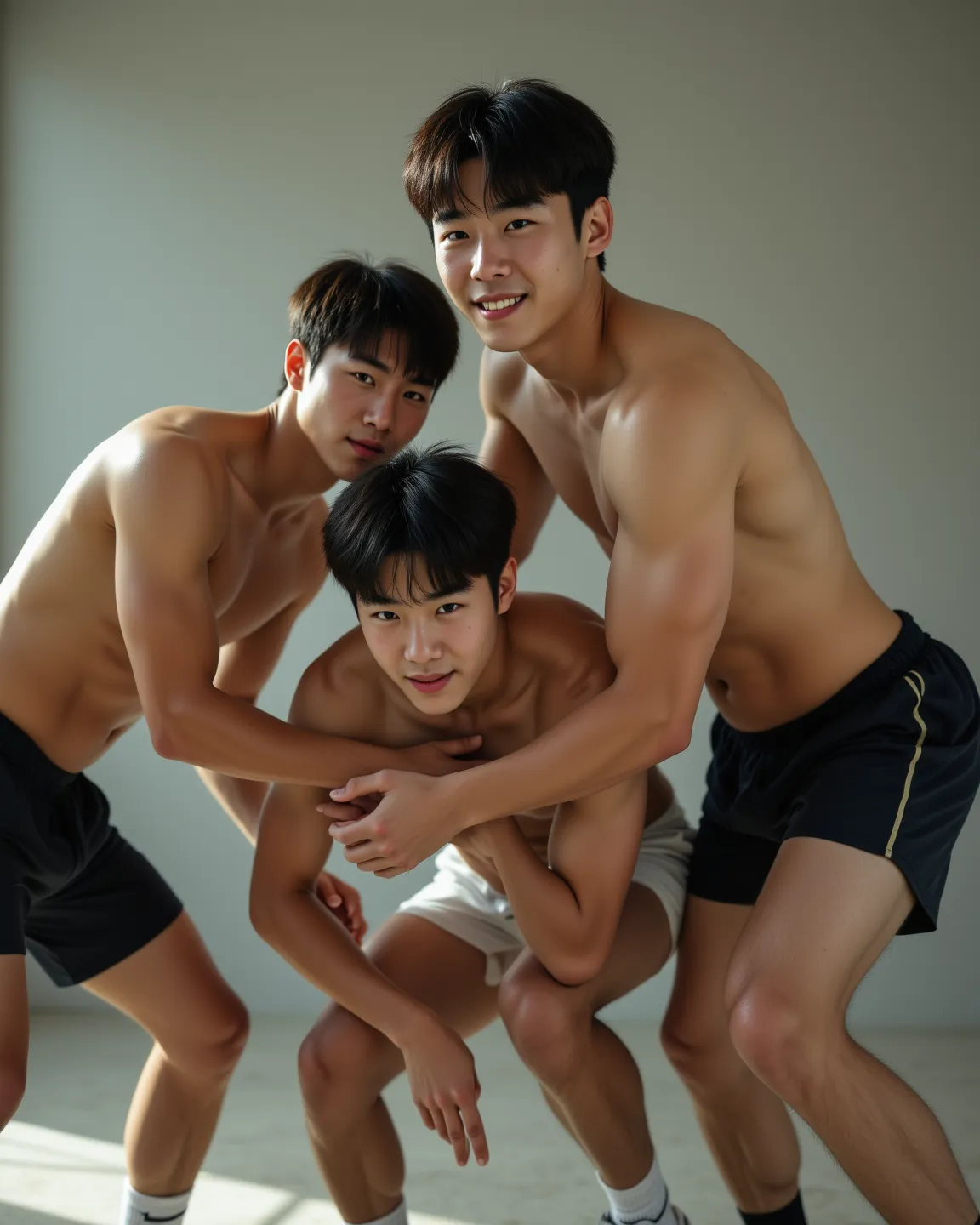 A group of handsome Korean male college students playing wrestling，8 abdominal muscles，Chest muscles，Emotions of happiness，（baby face），sneakers，Wide Viewing Angle，Correct human body structure， Tights，white socks