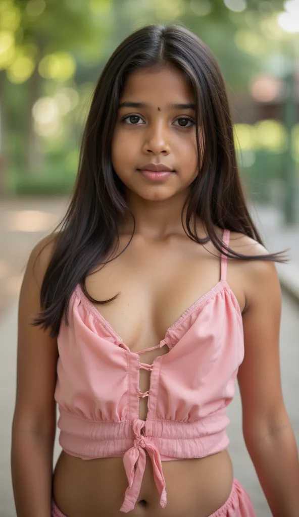 Realistic shot. 1 female, south indian female, in a floaty cropped bra clevage small round breast and a tight micromini, perfect body. Perfect hourglass body. Sweet look. facing the camera, a shy look. Ready to play at the playground. Younger female, profe...