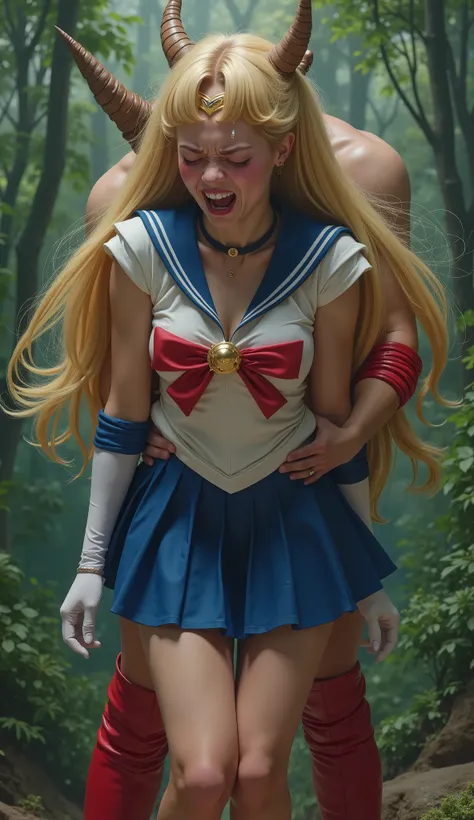 Hyperrealism, masterpiece, highest quality, A young Japanese woman is bending down and hugging from behind by a devil, ((she is crying and screaming in pain)), tears from her eyes, painful face, she is wearing a Sailor Moon costume, Blue sailor collar, Blu...