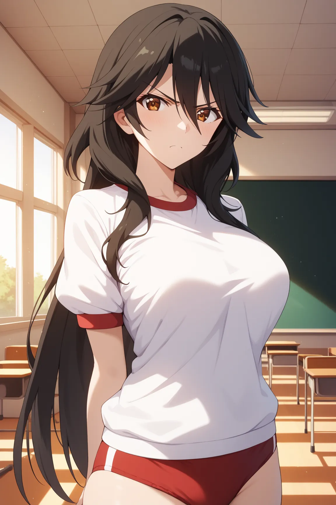 masterpiece,best quality,{{detailed beautiful face and eyes}}, very detailed background,
Chifuyu Orimura,{{{megami magazine}}},long hair,black hair,bangs,hair between eyes,brown eyes,large breasts,
gym uniform,red buruma, white shirt, short sleeves, thighs...