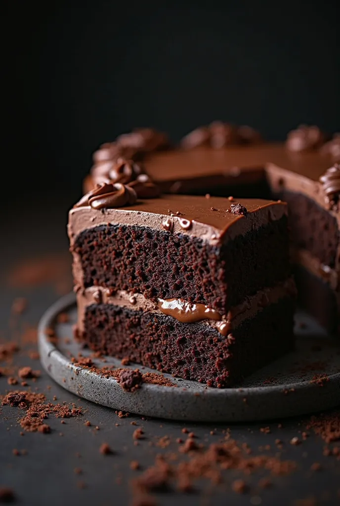 cinematic film still chocolate, chocolate cake, dark background, quality photo, moist texture, frosting, studio photo, slice . shallow depth of field, vignette, highly detailed, high budget, bokeh, cinemascope, moody, epic, gorgeous, film grain, grainy