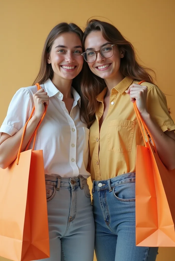 Make a video of a young adult couple, they are standing together, smiling and looking happy. They are holding orange shopping bags. They are wearing casual clothing: light-colored shirts and jeans. The subjects are positioned in a slightly staggered line, ...