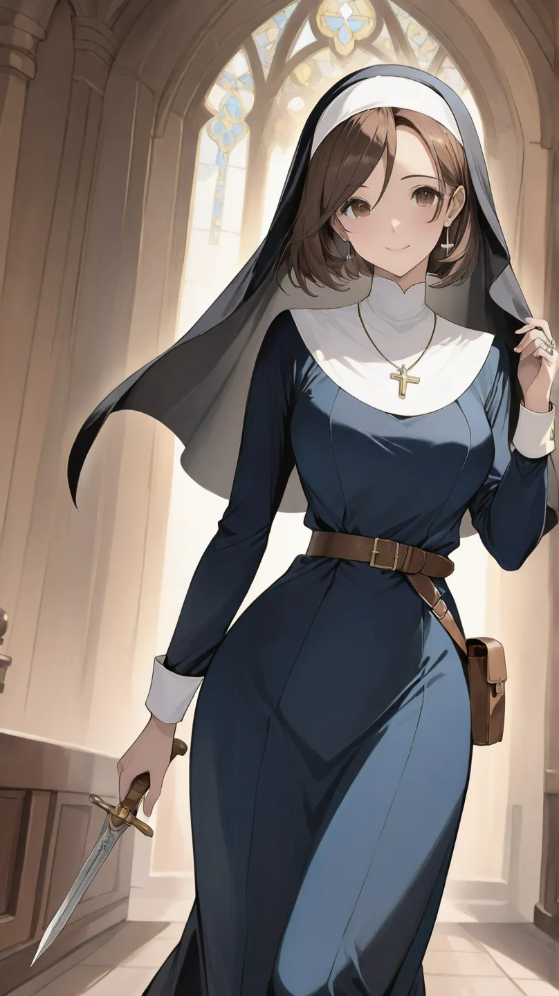 Female clergyman 　The hairstyle is a dark brown short bob　loose, matte, deep dark blue monastic uniform（dress）　The Nun's Veil　accessory, a rosary、Small earrings on the ears、ring、Slightly loose waist belt　Small pouch　Dagger on belt　book on right hand 　low a...