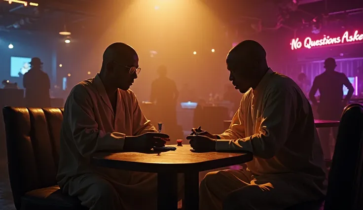 A dark, atmospheric nightclub filled with hazy smoke and dramatic lighting, where Moha, a Somali man 26 years dressed in a beige kaftan, runs his operation. The scene is thick with mystery, tension, and subtle deception, using low-key shadows, cinematic li...