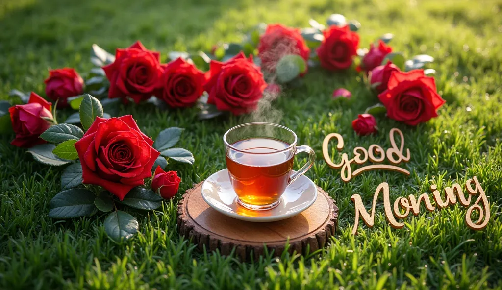 A magical garden where red roses bloom in the shape of a heart, surrounded by lush green leaves. A tea cup sits on a small wooden tray, releasing gentle steam. 'Good Morning' is inscribed in elegant cursive on the dewdrop-covered grass."