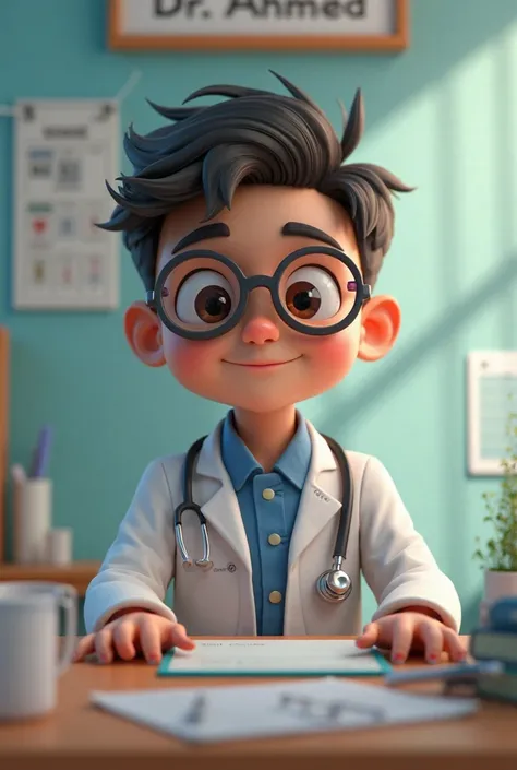 there is a young boy sitting at a desk with a stethoscope, doctor, realistic 3d style,There is a small board above the table and on it is written  "Dr. AHMED"  medical doctor, wearing lab coat and a blouse, for hire 3d artist, wearing lab coat and glasses,...