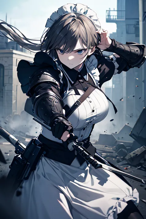 Maid in Battle, woman in maid clothes,  serious expression, holding a weapon, Strong Stance, Gesture with movement , Traces of Battle on the Background, Realistic Atmosphere, Scarred Armor, Glossy metal material, High Quality Realistic Illustrations, Reali...