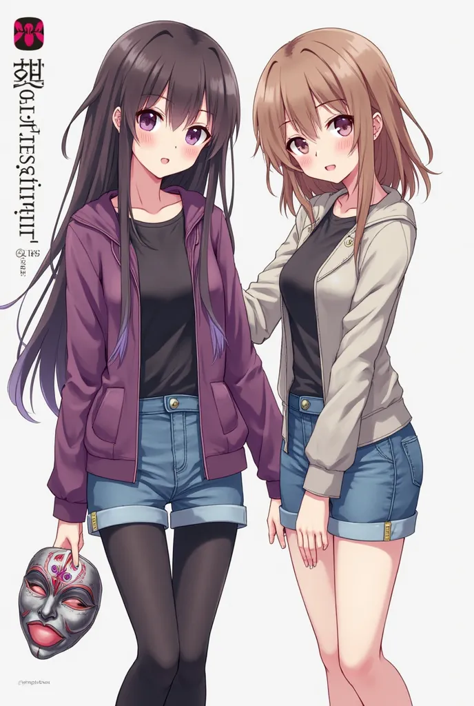 Create an image for the cover of a manga called My Invisible Sister with two girls, one with dark brown hair and violet highlights, wearing denim shorts and black tights and a violet jacket with a black blouse with a Carnival mask in one hand and the other...